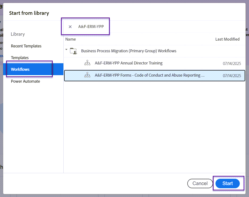 In the pop-up window, click “Workflows” and use the search bar to locate your workflow.