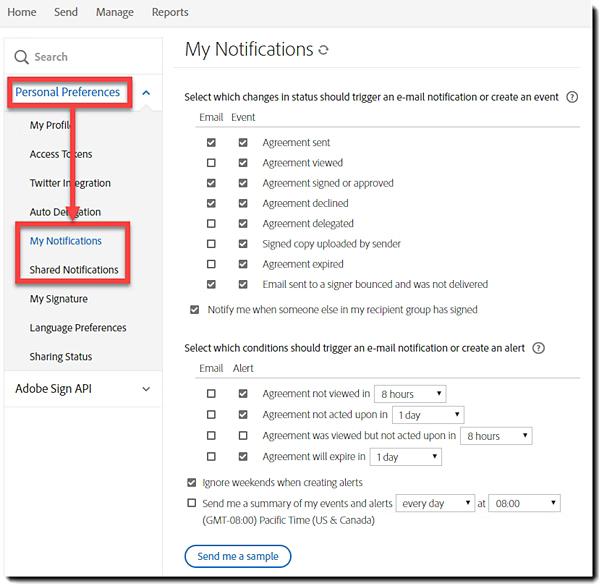 Image of navigate to my notifications in Adobe Sign